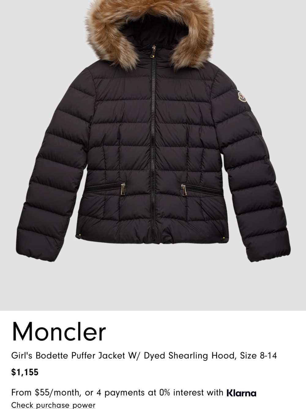 Moncler Black Girls' Quilted Puffer Coat with Faux Fur Hood Trim